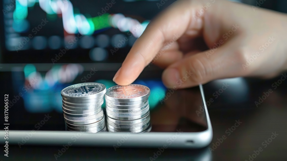 Aufkleber A person using a tablet to trade stocks online with a stack of silver coins and a trading chart displayed on the device. 