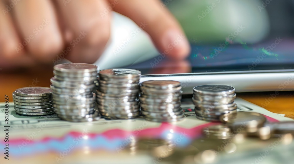 Poster A person using a tablet to trade stocks online with a stack of silver coins and a trading chart displayed on the device. 