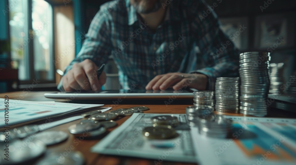 Poster A businessman examining a trading chart on a digital tablet with a stack of silver coins and financial documents spread out on a desk. 