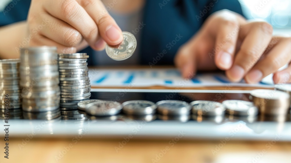 Poster A person using a tablet to trade stocks online with a stack of silver coins and a trading chart displayed on the device. 