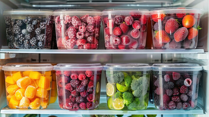 Frozen berries and healthy vegetables in plastic containers on the freezer shelves in refrigerator