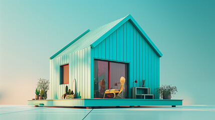 3d render illustration of a tiny turquoise house model.