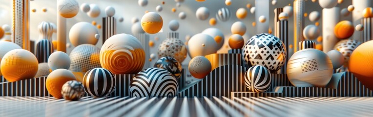 Colorful spheres and patterns in urban art installation, creating a striking modern scene