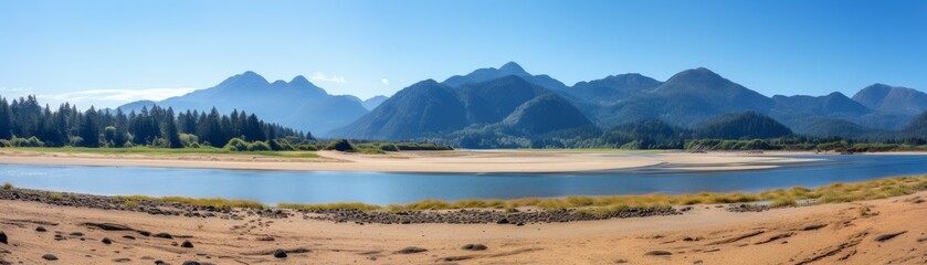 Mountain range, water body, and beach view