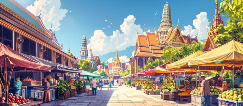 Vibrant Cartoon Scene of Traditional Thai Market at Wat Phra Kaew Temple