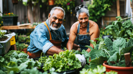 A happy couple working together in their lush, vibrant garden, tending to various leafy greens and herbs. They are both smiling and wearing gardening clothes.