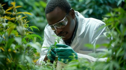 A scientist wearing a lab coat and safety glasses examines a cannabis plant in a greenhouse.