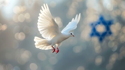 Peaceful White Dove in Flight with Israeli Flag Background