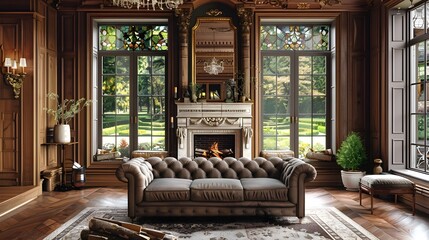 Traditional Living Room with Georgian Elegance Tufted Chesterfield Sofa and View of English Garden