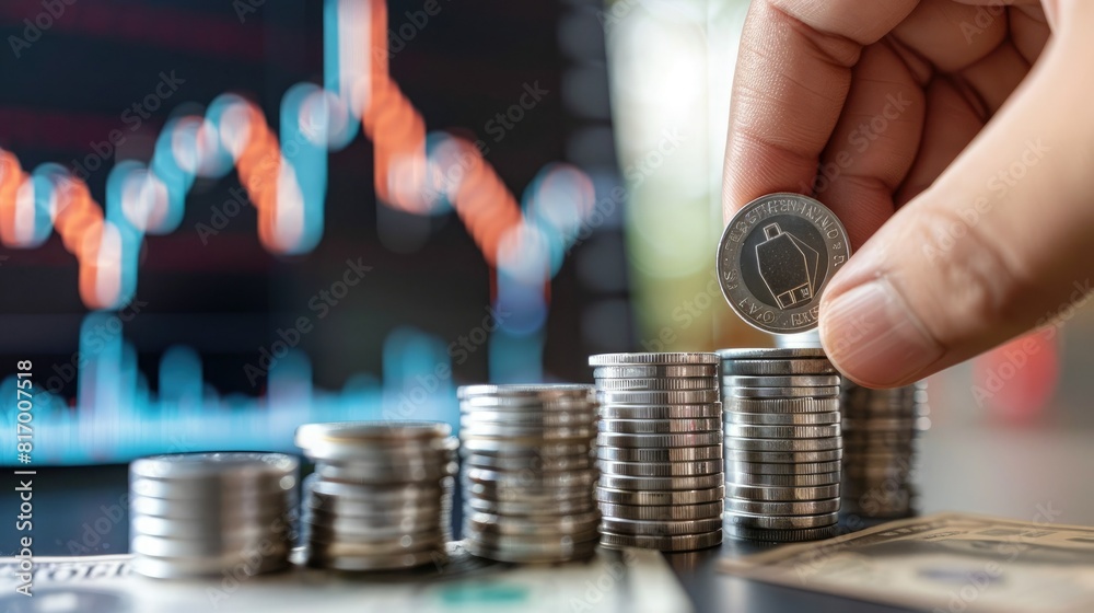 Poster a hand placing a silver coin onto a growing stack with a trading chart displayed on a nearby screen,