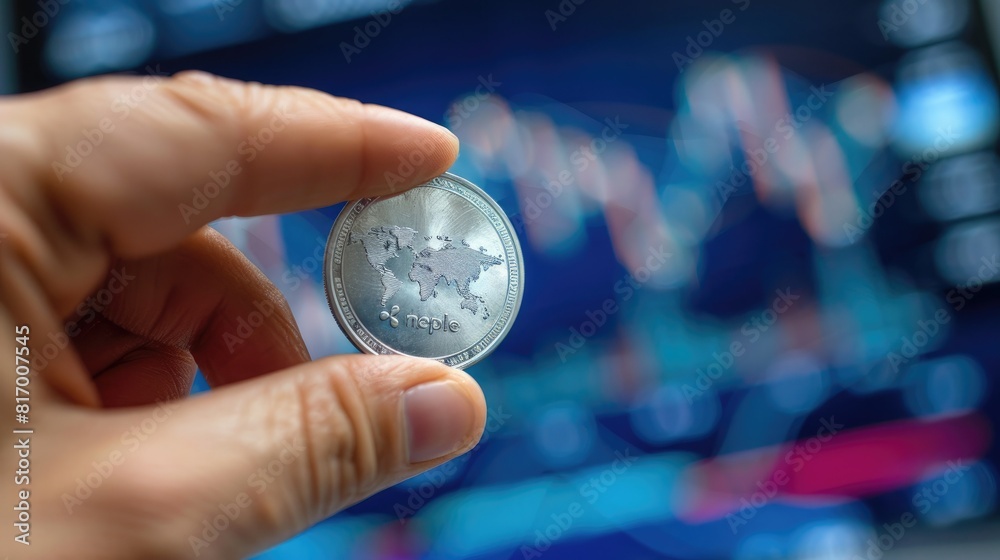 Poster a person's hand holding a silver coin against the backdrop of a digital trading chart on a tablet de