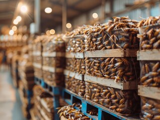 A large number of crickets in a warehouse. The crickets are in plastic containers, which are stacked on shelves.