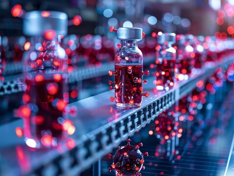Vials of a new vaccine are produced on an automated production line.