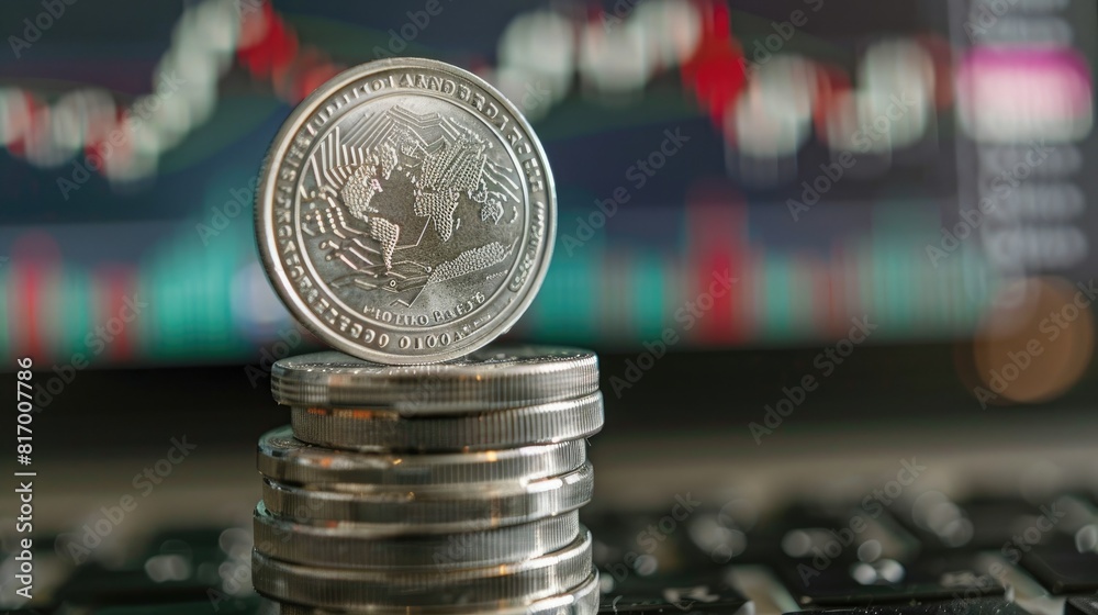 Poster A close-up of a silver coin balanced on top of a stack with a trading chart visible on a computer monitor in the background. 