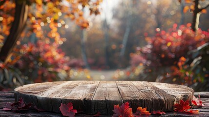 Autumn forest scene with a rustic wooden platform covered in vibrant fallen leaves and warm...