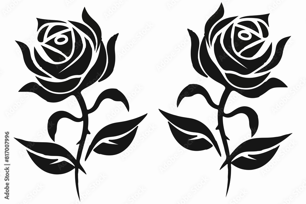 Wall mural vector set of decorative rose with leaves. flower silhoutte isolated on a white background.