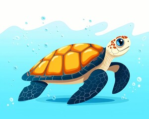 Simple sea turtle swimming flat design side view endangered species theme cartoon drawing Vivid