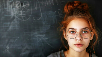 A thoughtful young girl with glasses and freckles stands in front of a chalkboard filled with drawings and equations, capturing a sense of curiosity and contemplation.