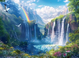 beautiful fantasy background of lush green mountains, blue sky with a rainbow and sun rays, sparkling waterfalls, beautiful white cranes flying in the air, wildflowers on the ground,  - Powered by Adobe