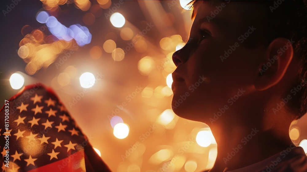 Poster close-up of a child holding an american flag while watching fireworks on independence day.