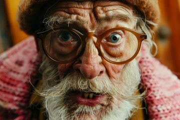 Closeup of an elderly man with expressive eyes and glasses showing astonishment