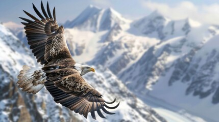 Majestic shot of an eagle soaring high above a breathtaking snowy mountain landscape symbolizing freedom strength and the beauty of the natural world