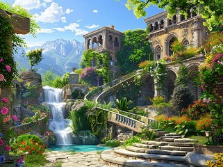 Beautiful fantasy garden with old stone buildings, waterfalls and cascading streams, surrounded by...