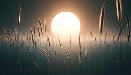all grass at sunset. soft light illuminating the delicate tips of the grass blades, casting subtle shadows.