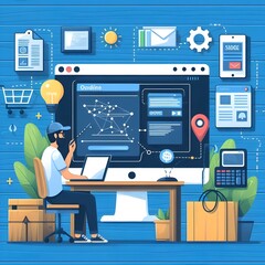 illustration of a person working on a laptop. Social network concept. Seo and marketing theme.