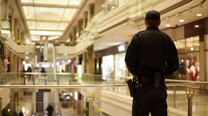 A security guard in uniform patrols the upper level of a shopping mall, overlooking the escalator and lower levels. The mall is well-lit and features various retail stores.