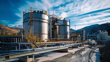 Bioleaching facility front view, tanks filled with bacteria breaking down minerals, sustainable extraction methods, technology tone, vivid