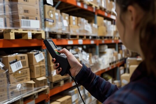 A woman is seen using a handheld scanner to track inventory in a bustling warehouse setting