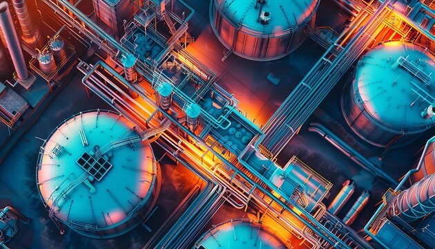 CO2 capture plant top view, largescale carbon sequestration facility, combating climate change, futuristic tone, Triadic Color Scheme