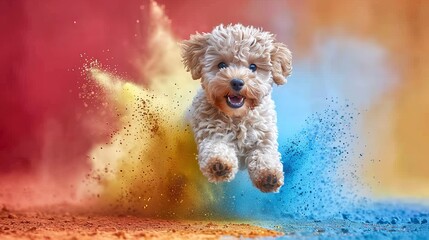 Energetic dog playing amid vibrant holi festival colors exudes joy and merriment