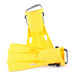 Yellow flippers isolated on white. Sports equipment © New Africa
