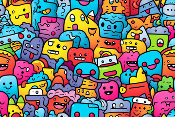 Seamless pattern with colorful and funny doodles, high-quality and ready for print