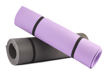 Grey and violet fitness mat isolated on white. Sports equipment
