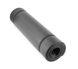 Grey fitness mat isolated on white. Sports equipment