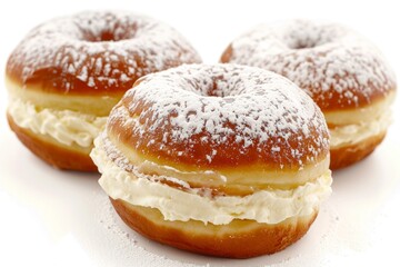 Closeup of three creamfilled donuts with a dusting of powdered sugar on a white background