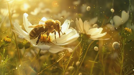 Naklejka premium A bee laden with pollen examines the delicate petals of a white flower. that mesmerizes with the beauty and vitality of nature