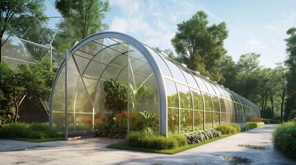 Fototapeta premium Large Greenhouse in a Lush Garden on a Sunny Afternoon