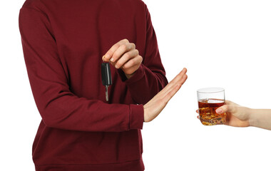 Man with car keys refusing alcohol on white background, closeup. Don't drink and drive concept