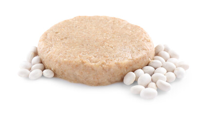 Uncooked bean cutlet and ingredient isolated on white. Vegetarian product