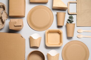 Flat lay composition with eco friendly food packagings on light grey background