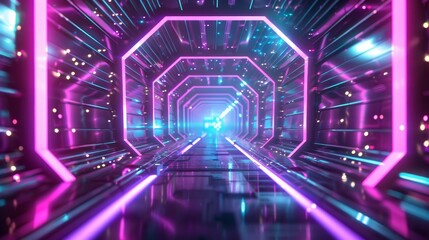 Obraz premium Futuristic corridor with glowing purple and blue neon lights, focus on geometric patterns, theme of cyberpunk, vibrant, Double exposure, sci-fi backdrop