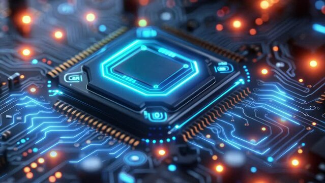 Close-up of a microchip with intricate blue and orange circuitry on a motherboard