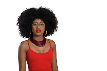 beautiful woman with glasses looks at camera, black woman