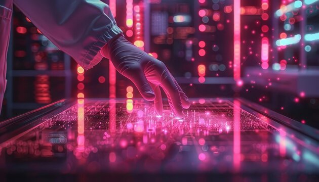 Holographic 3D scatter plot being adjusted by a scientist in a neonlit lab, merging reality with futuristic data interaction.