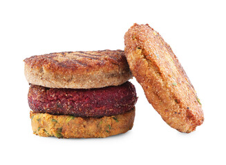 Different tasty vegetarian cutlets isolated on white
