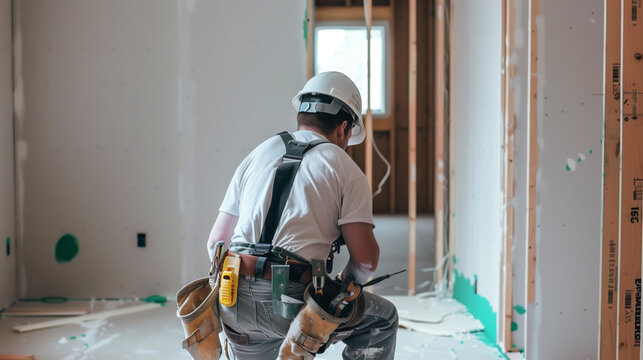 Construction worker wearing a hard hat and tool belt working inside a partially framed building, focusing on drywall installation and other construction tasks.